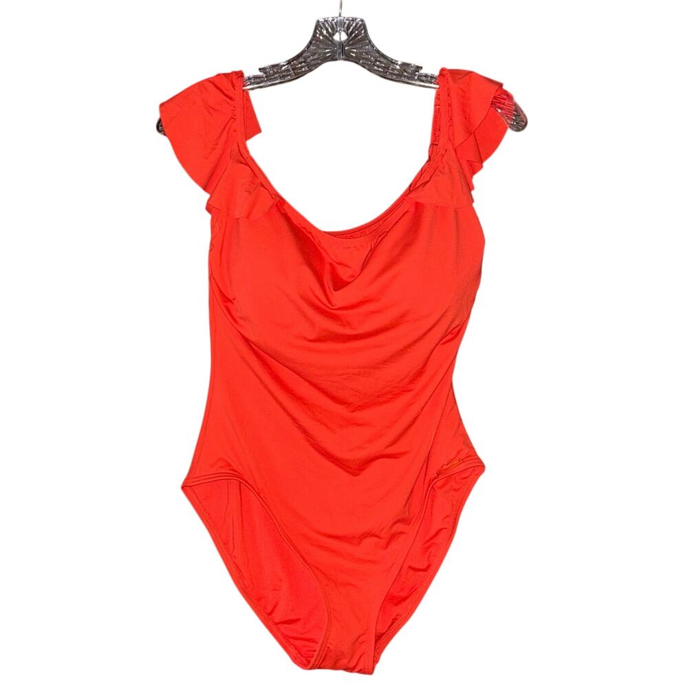 NWT size 12 Vince Camuto Ruffle One-Piece Swimsuit bright coral red
